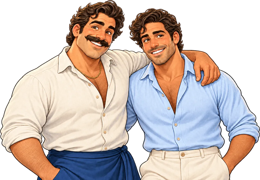 Illustration of the brothers Costa and Niko standing side by side. Costa wears a light blue shirt. Niko has a mustache and wears a cream shirt and navy apron.